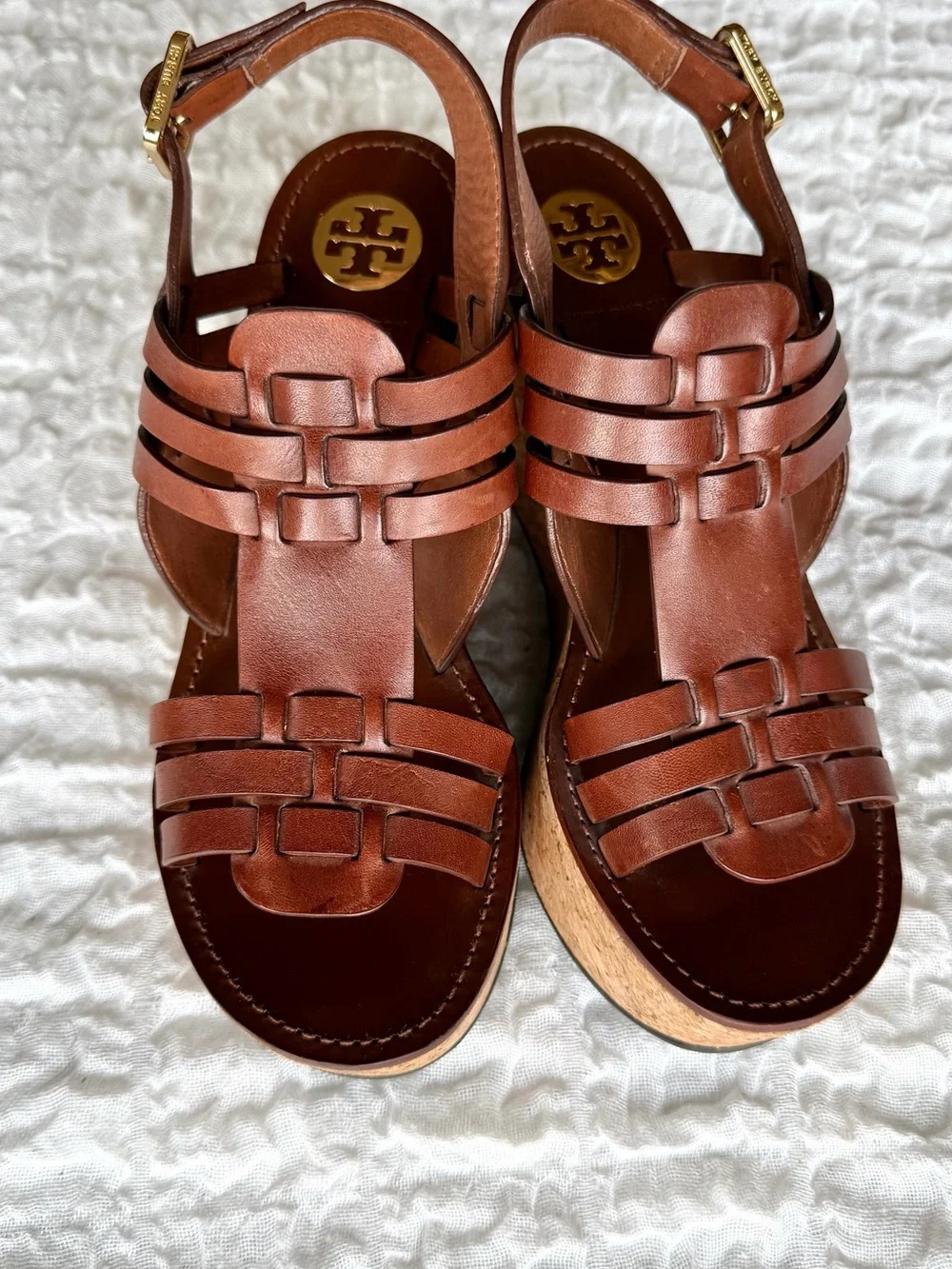 Tory Burch Leather Ace Cork Wedge Sandal Size 8